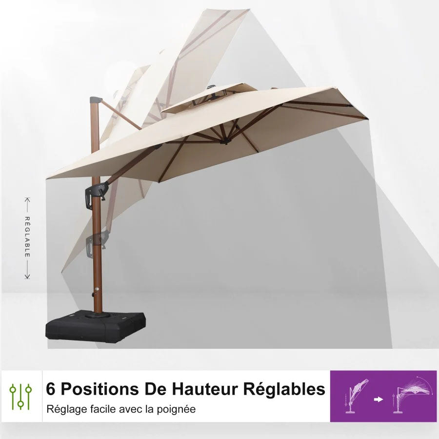 PURPLE LEAF Parasol Déporté Rectanglulaire Grain de Bois en Aluminium avec socle