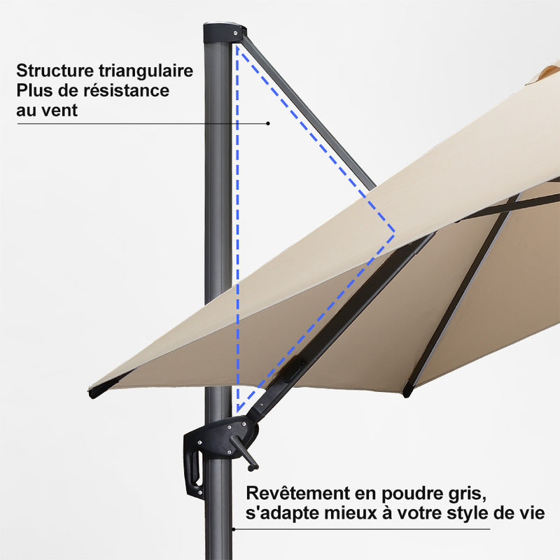 PURPLE LEAF Parasol Déporté avec LED Solaire 3 x 3 m Carré, Parasol De Jardin Extérieur Inclinable Toile Protection UV