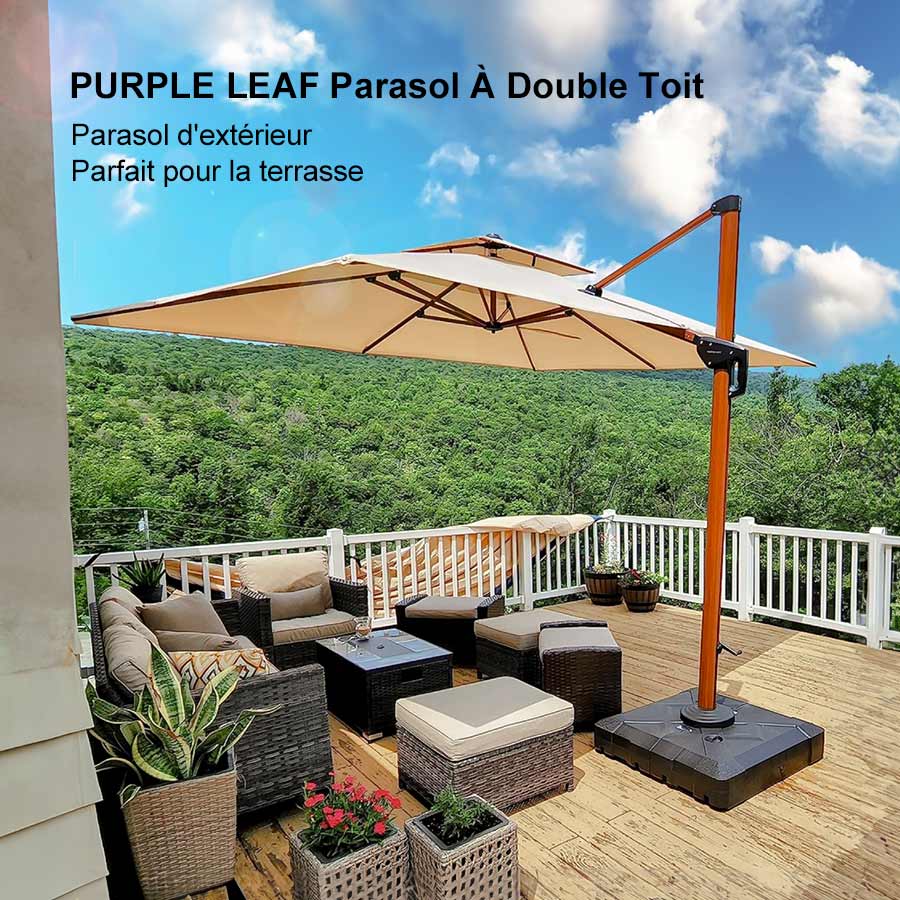 PURPLE LEAF Parasol Rectangulaire Grain de Bois en Aluminium Parasol De Jardin Extérieur Toit à Double Rotatif 360°