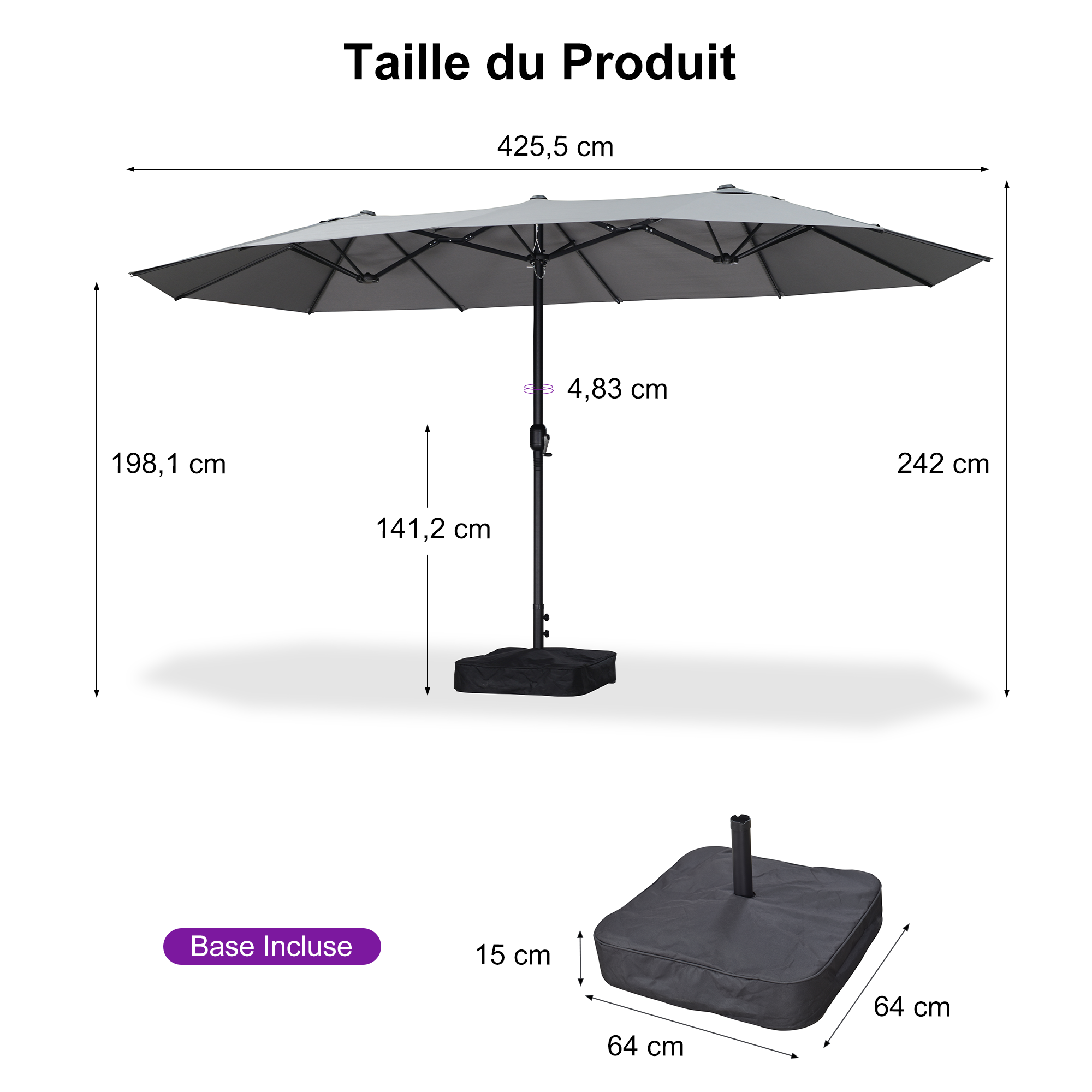 PURPLE LEAF Parasol de Jardin Extérieur, Grand Parasol Double avec Base, pour Terrasse, Jardin, Balcon et Piscine