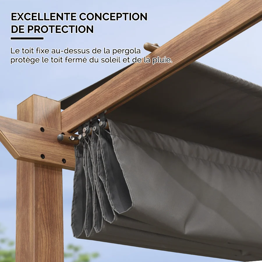 PURPLE LEAF Pergola Rétractable Extérieure Effet Bois en Métal avec Auvent Pare-Soleil pour Jardin Patio Porche Pavillon Avec Guirlande Lumineuse Blanc Lait