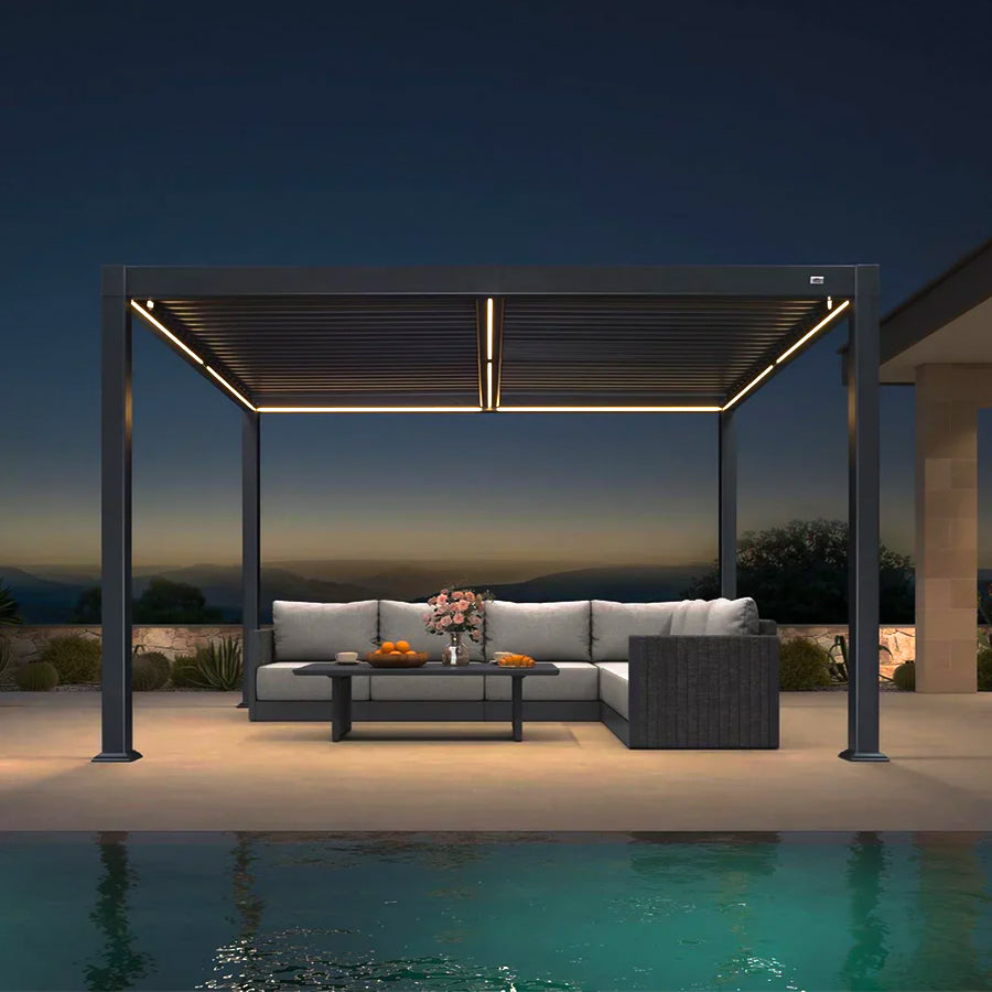 PURPLE LEAF Pergola Bioclimatique Toit à Lames avec Bande Lumineuse LED pour Terrasse Jardin, Gris