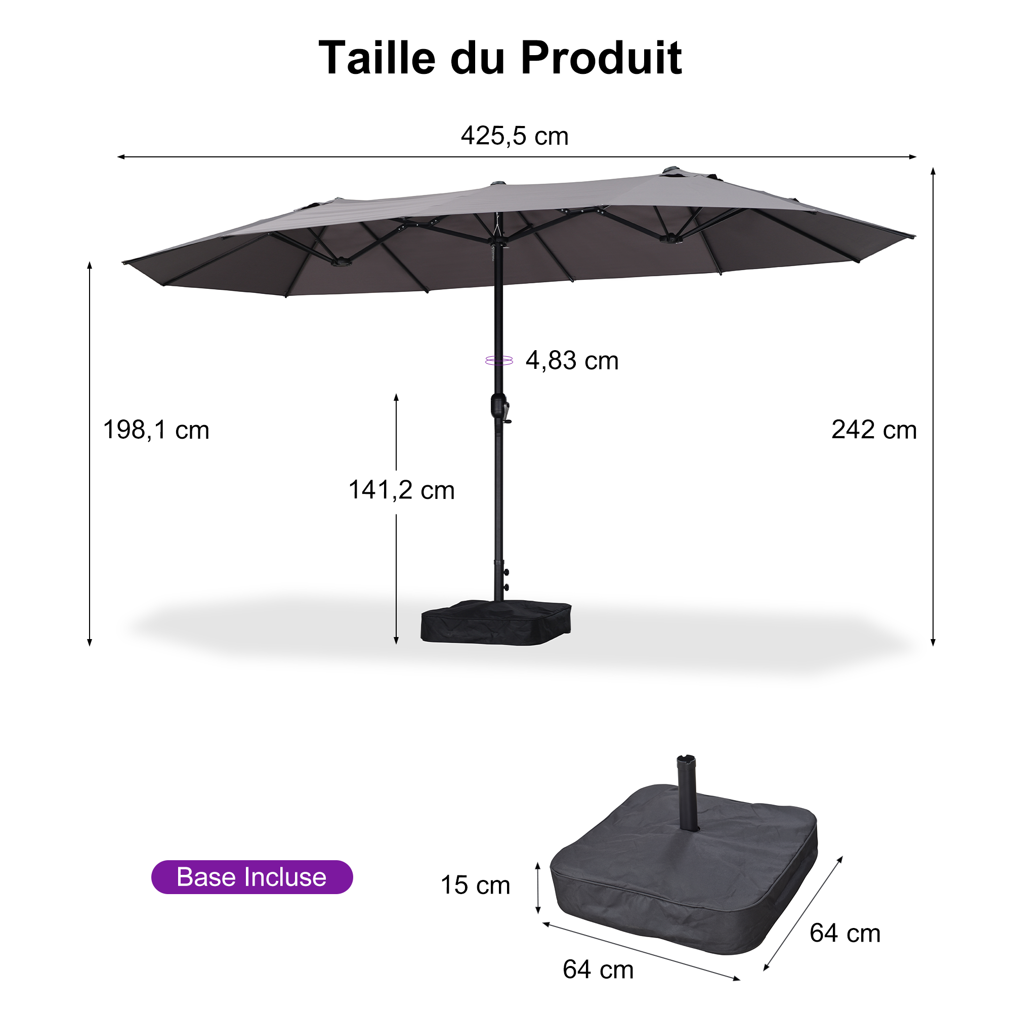 PURPLE LEAF Parasol de Jardin Extérieur, Grand Parasol Double avec Base, pour Terrasse, Jardin, Balcon et Piscine