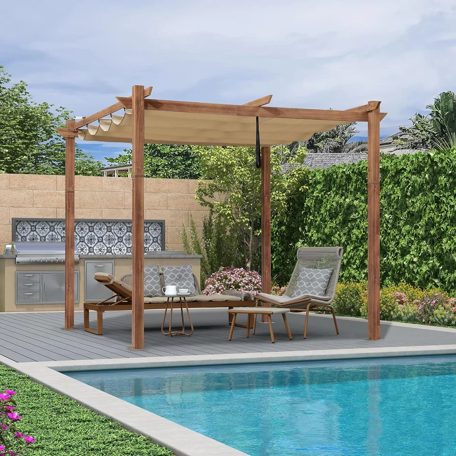 PURPLE LEAF Pergola Rétractable Extérieure Effet Bois en Métal avec Auvent Pare-Soleil pour Jardin Patio Porche Pavillon Avec Guirlande Lumineuse Blanc Lait