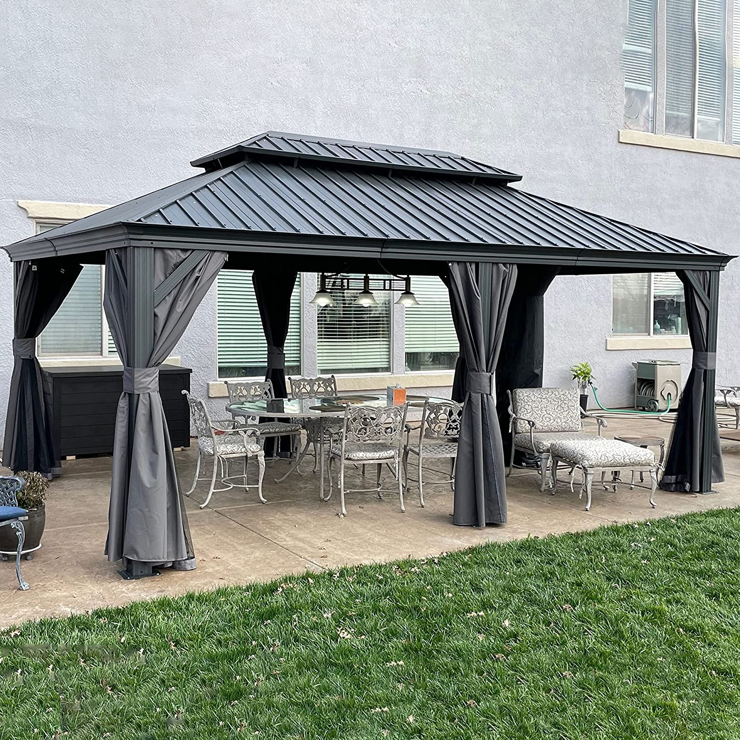 PURPLE LEAF Tonnelle De Jardin Exterieur Tonnelle Aluminum Avec Moustiquaire Et Rideaux Pavillon De Jardin à Double Toit Acier Galvanisé, Gris