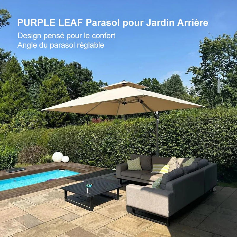 PURPLE LEAF Parasol Déporté Inclinable, Parasol De Jardin Exterieur Toit à Double Rotatif 360°,Parasol Terrasse Exterieur Luxueux