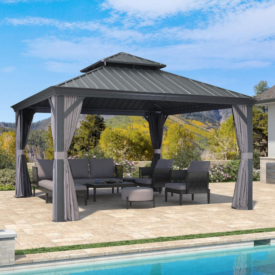 PURPLE LEAF Tonnelle De Jardin Exterieur Tonnelle Aluminum Avec Moustiquaire Et Rideaux Pavillon De Jardin à Double Toit Acier Galvanisé, Gris
