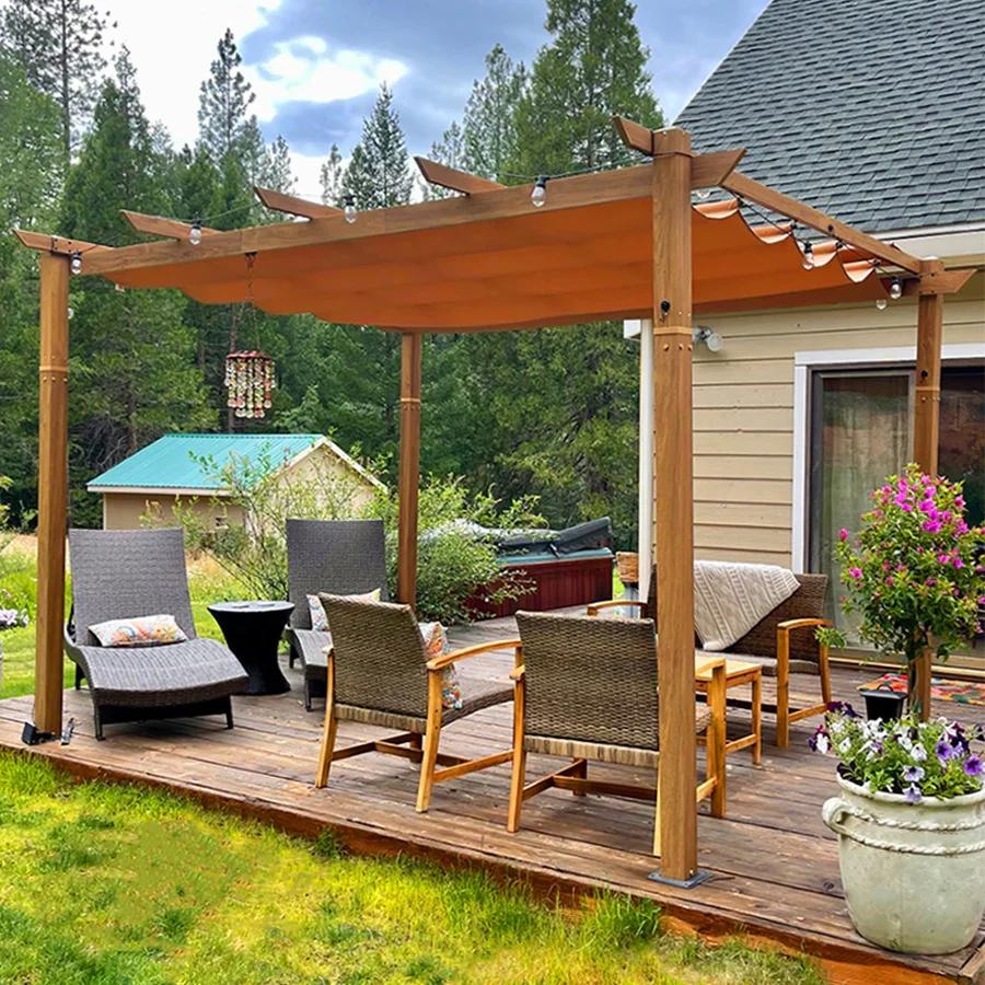 PURPLE LEAF Pergola Rétractable Extérieure Effet Bois en Métal avec Auvent Pare-Soleil pour Jardin Patio Porche Pavillon Avec Guirlandes Lumineuses Transparentes