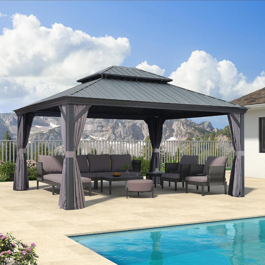 PURPLE LEAF Tonnelle De Jardin Exterieur Tonnelle Aluminum Avec Moustiquaire Et Rideaux Pavillon De Jardin à Double Toit Acier Galvanisé, Gris