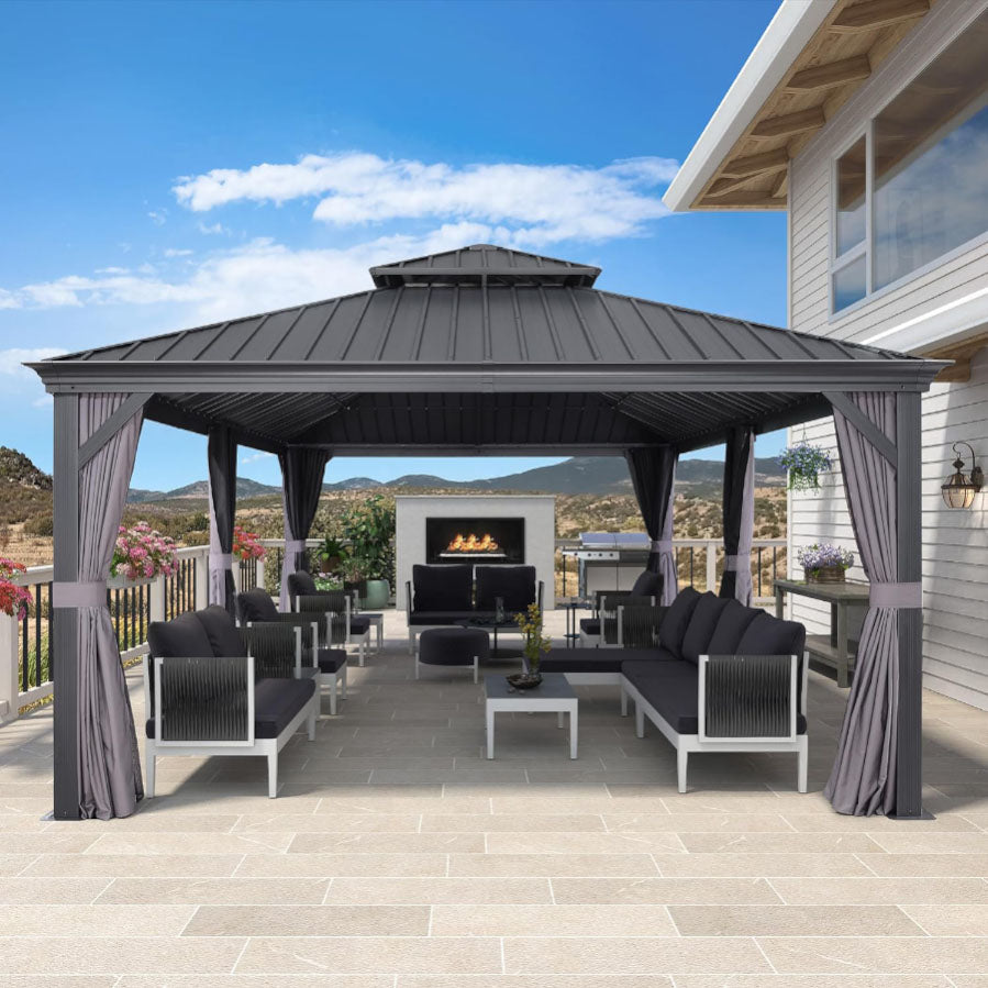 PURPLE LEAF Tonnelle De Jardin Exterieur Tonnelle Aluminum Avec Moustiquaire Et Rideaux Pavillon De Jardin à Double Toit Acier Galvanisé, Gris
