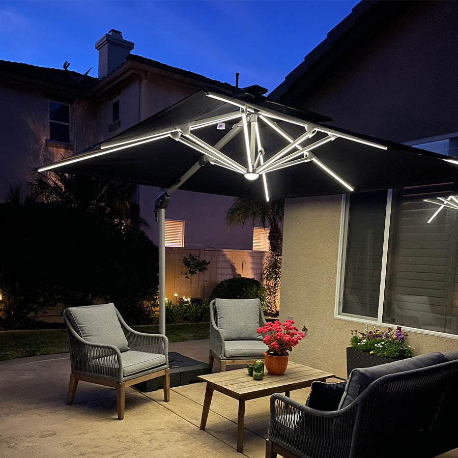 PURPLE LEAF Parasol Déporté avec LED Solaire de Jardin à Double Toit Carré avec socle