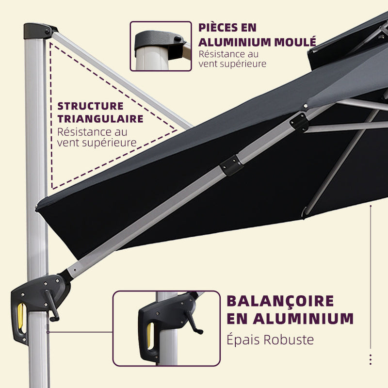 PURPLE LEAF Parasol de jardin extérieur rond avec LED, avec manivelle, inclinable, avec socle