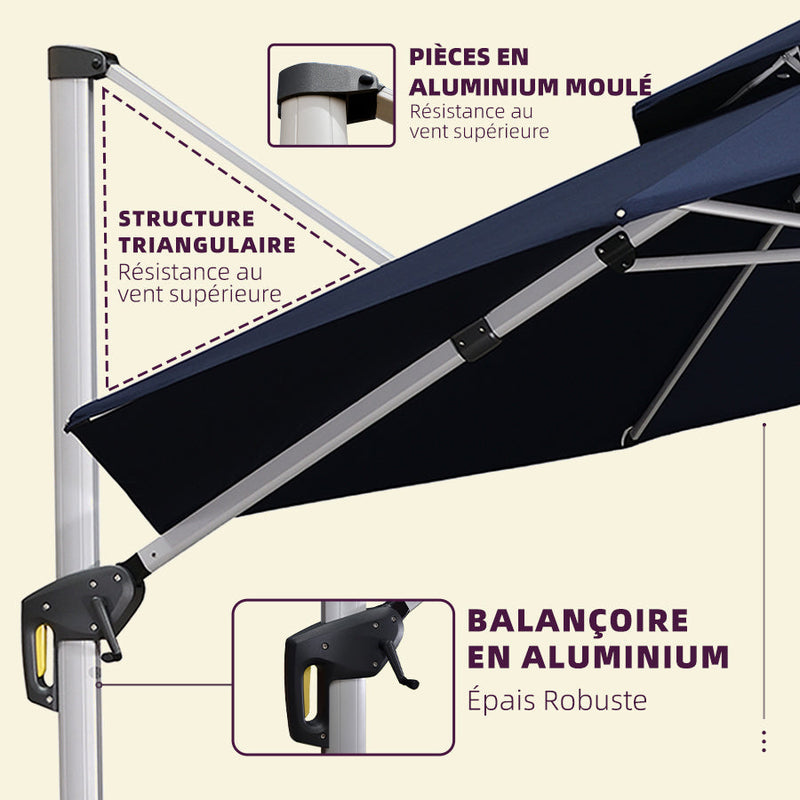 PURPLE LEAF Parasol de jardin extérieur rond avec LED, avec manivelle, inclinable, avec socle