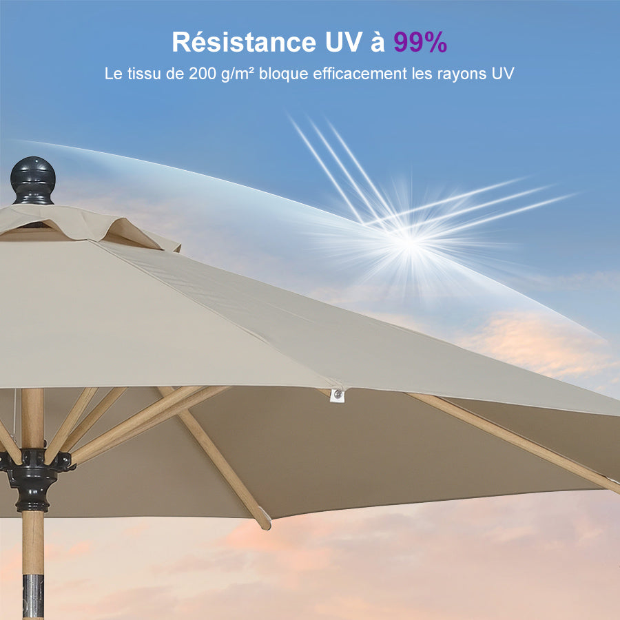 PURPLE LEAF Parasol Droit Inclinable de Marché d'Extérieur en Aluminium avec Effet Bois Pour Table de Jardin Carré Rectangle Rond