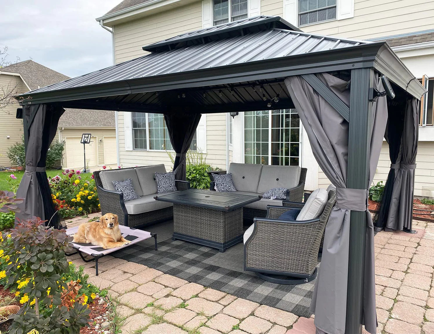 PURPLE LEAF Tonnelle De Jardin Exterieur Tonnelle Aluminum Avec Moustiquaire Et Rideaux Pavillon De Jardin à Double Toit Acier Galvanisé, Gris