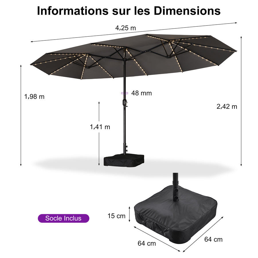 PURPLE LEAF Parasol de Jardin Double Aluminium avec lumières LED, Avec Socle, pour Terrasse, Jardin, Balcon et Piscine