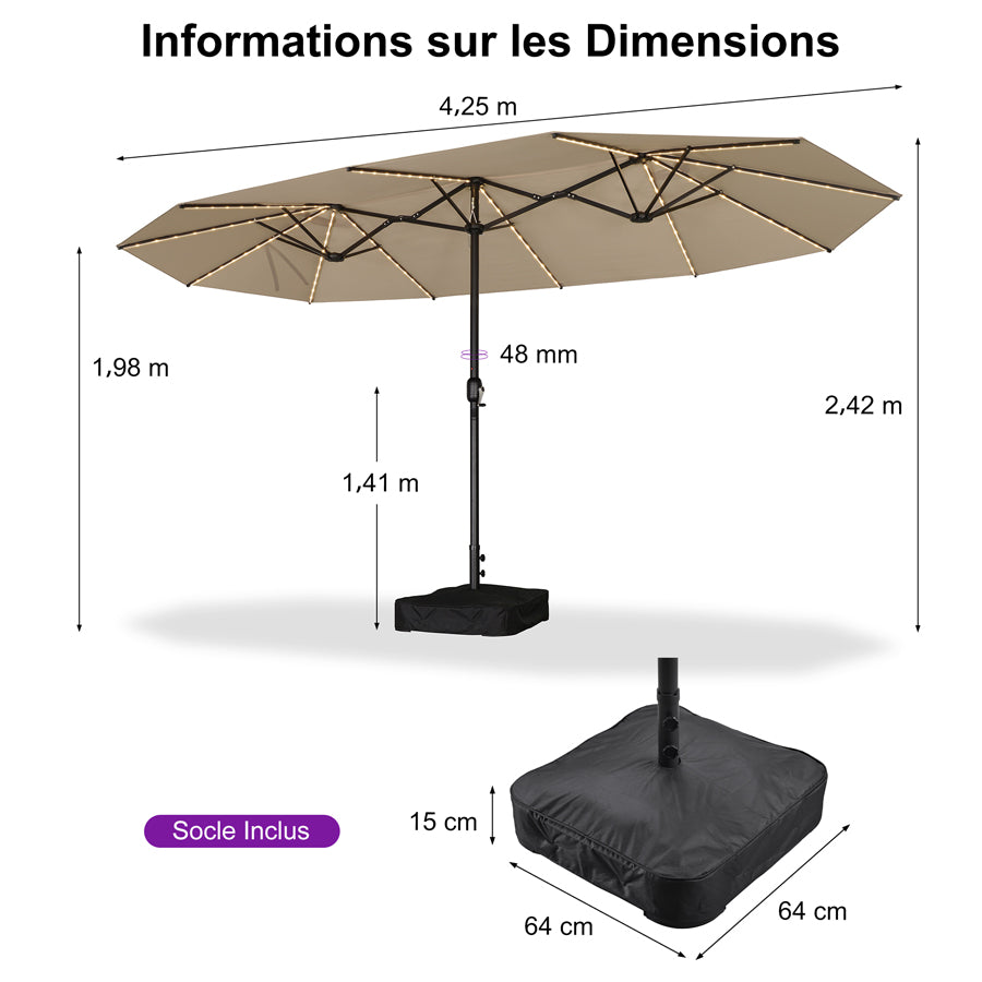 PURPLE LEAF Parasol de Jardin Double Aluminium avec lumières LED, Avec Socle, pour Terrasse, Jardin, Balcon et Piscine
