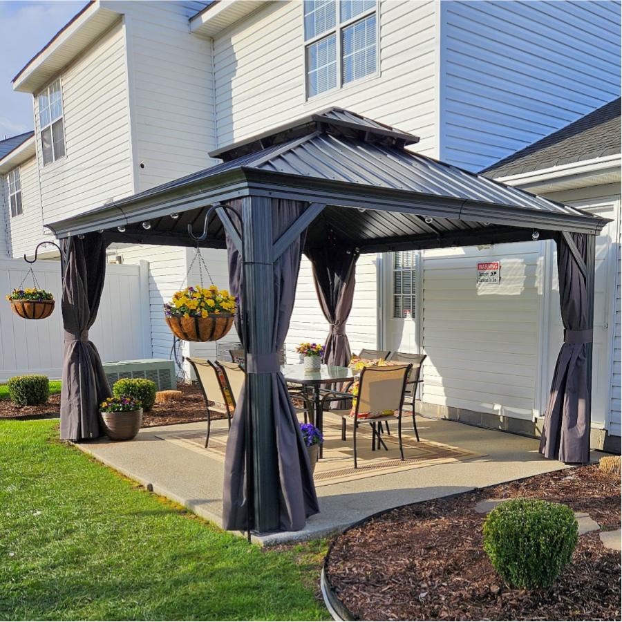 PURPLE LEAF Tonnelle de Jardin 3x4m Toit Rigide Double Gris Anthracite - Pavillon de Terrasse avec Rideaux & Moustiquaire, Anti-Vent & Pluie, Aluminium
