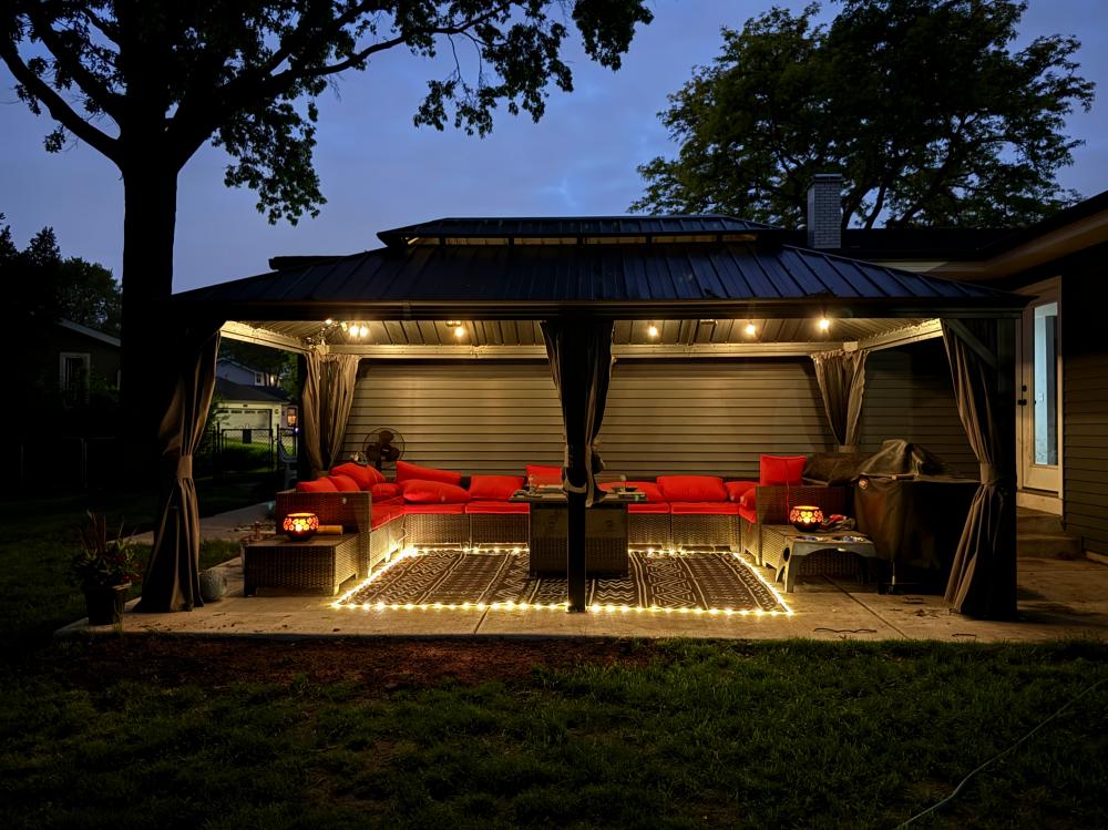 PURPLE LEAF Tonnelle de Jardin Gamme Luxe avec Éclairage LED Intégré - Abat-Jour Blanc Opalin Anti-Éblouissement, Pavillon Gris