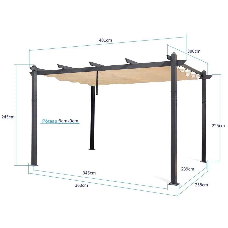 PURPLE LEAF Pergola Aluminium Tissu Teint en Fil Pergola pour Terrasse Exterieur, Toit Coulissante, Pavillon De Jardin Guirlande Lumineuse Blanc Lait