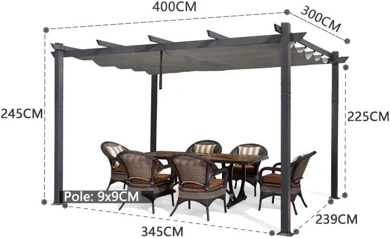 PURPLE LEAF Pergola Aluminium Tissu Teint en Fil Pergola pour Terrasse Exterieur, Toit Coulissante, Pavillon De Jardin Guirlande Lumineuse Blanc Lait