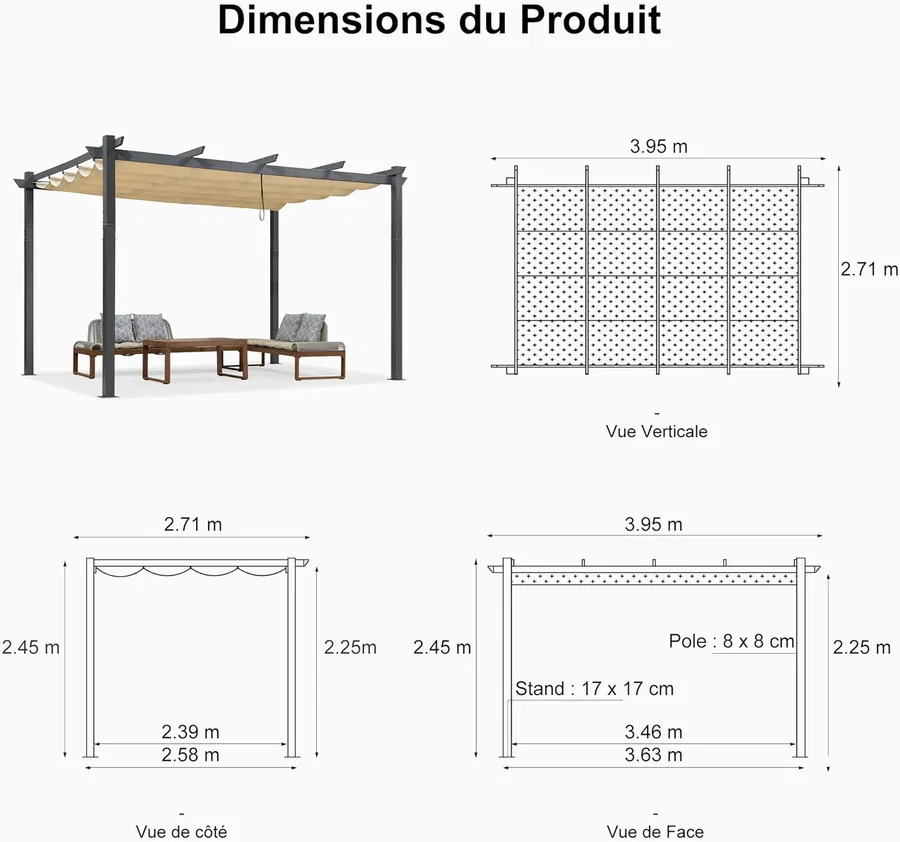 PURPLE LEAF Pergola Aluminium Tissu Teint en Fil Pergola pour Terrasse Exterieur, Toit Coulissante, Pavillon De Jardin Guirlande Lumineuse Blanc Lait