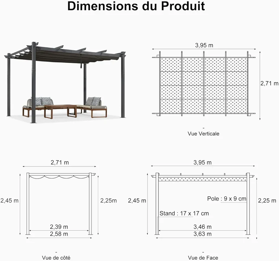 PURPLE LEAF Pergola Aluminium Tissu Teint en Fil Pergola pour Terrasse Exterieur, Toit Coulissante, Pavillon De Jardin Guirlande Lumineuse Blanc Lait