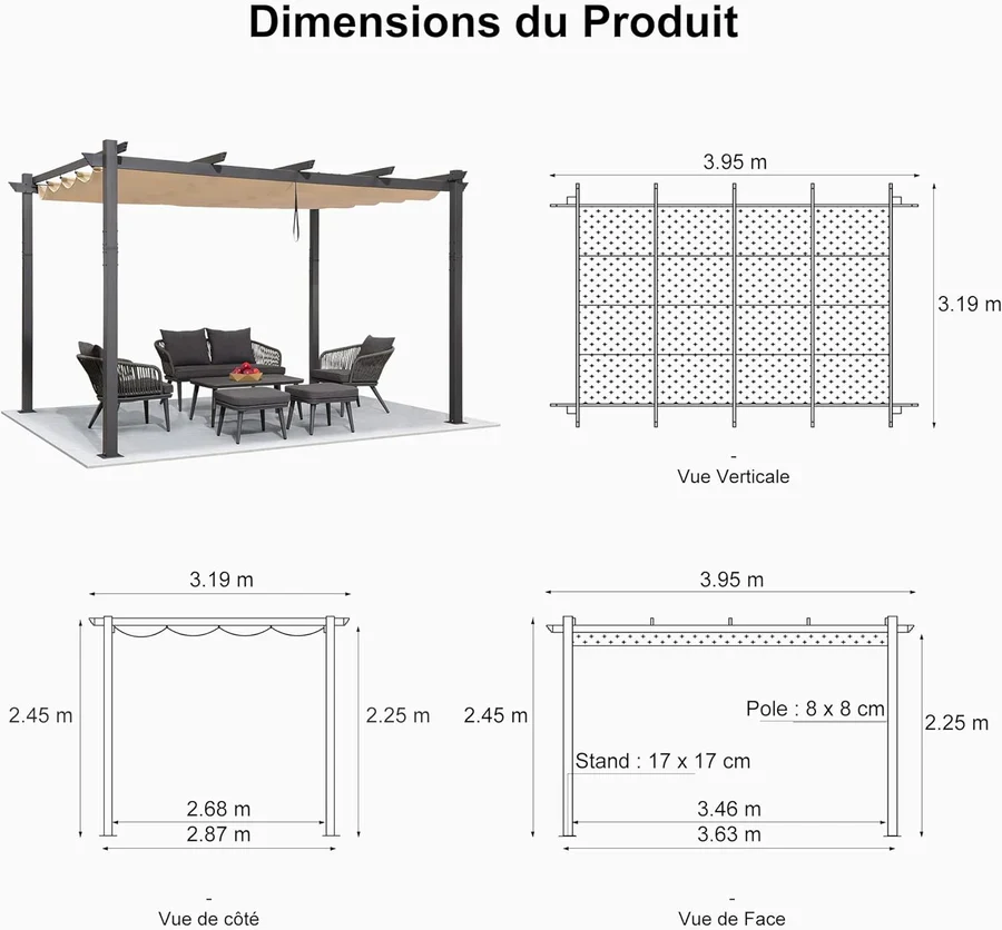 PURPLE LEAF Pergola Aluminium Tissu Teint en Fil Pergola pour Terrasse Exterieur, Toit Coulissante, Pavillon De Jardin Guirlande Lumineuse Blanc Lait
