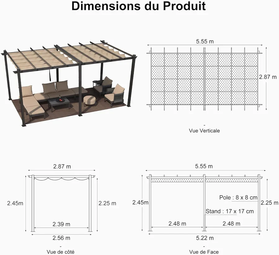 PURPLE LEAF Pergola Aluminium Tissu Teint en Fil Pergola pour Terrasse Exterieur, Toit Coulissante, Pavillon De Jardin Guirlande Lumineuse Blanc Lait