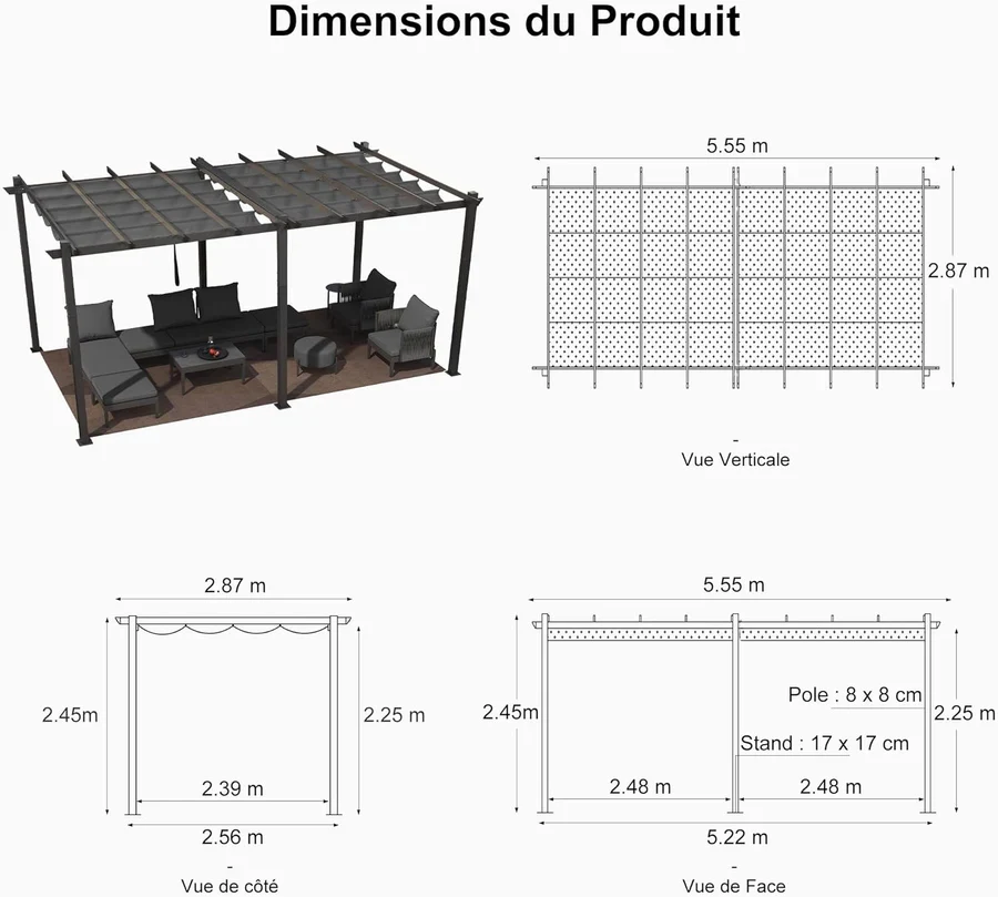 PURPLE LEAF Pergola Aluminium Tissu Teint en Fil Pergola pour Terrasse Exterieur, Toit Coulissante, Pavillon De Jardin Guirlande Lumineuse Blanc Lait