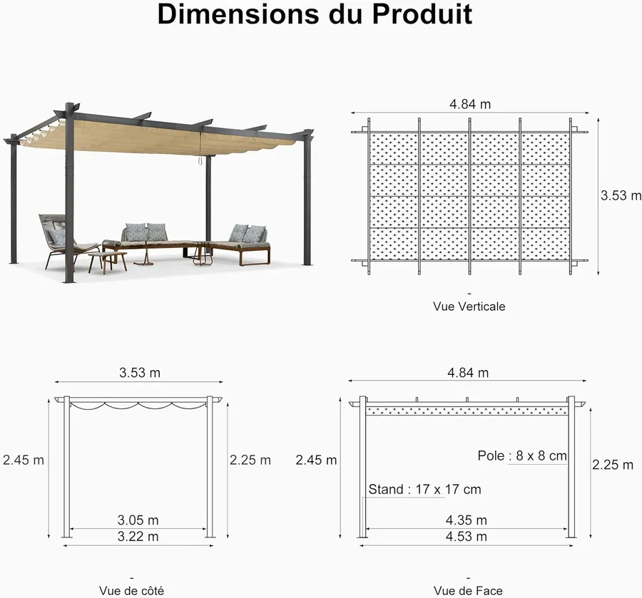PURPLE LEAF Pergola Aluminium Tissu Teint en Fil Pergola pour Terrasse Exterieur, Toit Coulissante, Pavillon De Jardin Guirlande Lumineuse Blanc Lait