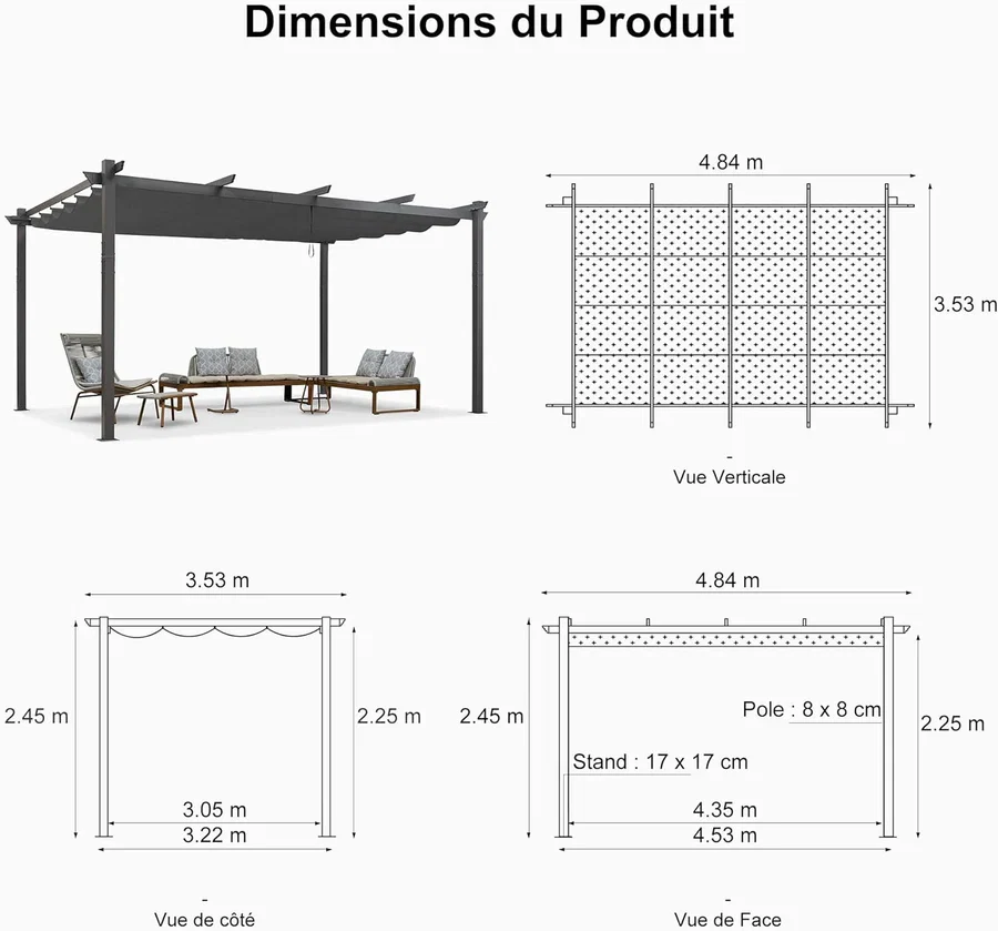 PURPLE LEAF Pergola Aluminium Tissu Teint en Fil Pergola pour Terrasse Exterieur, Toit Coulissante, Pavillon De Jardin Guirlande Lumineuse Blanc Lait