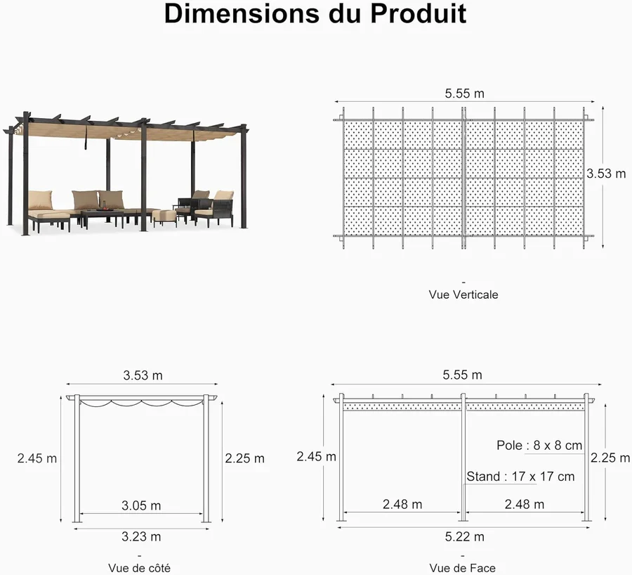 PURPLE LEAF Pergola Aluminium Tissu Teint en Fil Pergola pour Terrasse Exterieur, Toit Coulissante, Pavillon De Jardin Guirlande Lumineuse Blanc Lait