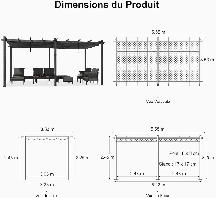 PURPLE LEAF Pergola Aluminium Tissu Teint en Fil Pergola pour Terrasse Exterieur, Toit Coulissante, Pavillon De Jardin Guirlande Lumineuse Blanc Lait