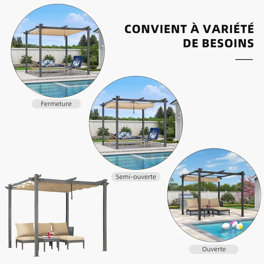 PURPLE LEAF Pergola rétractable extérieure avec abri de pergola en aluminium pour terrasse pare-soleil auvent pour terrasse d'arrière-cour  Avec Guirlandes Lumineuses Transparentes