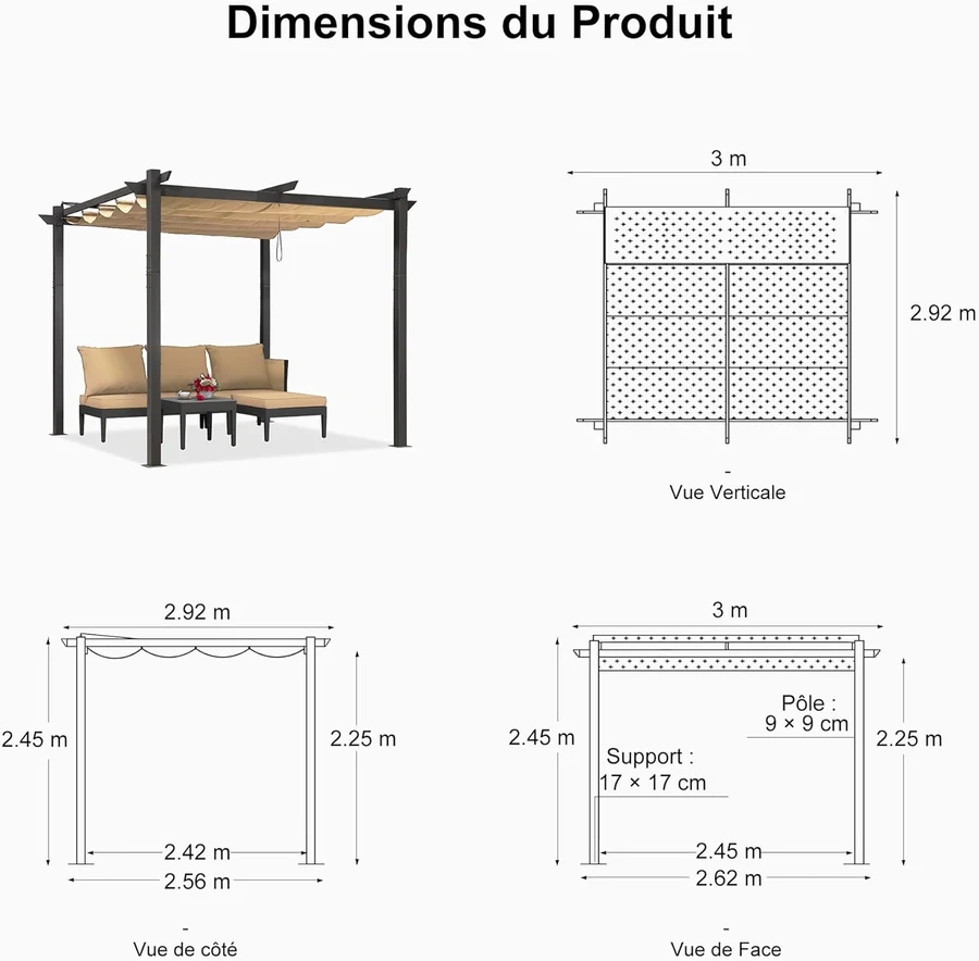 PURPLE LEAF Pergola rétractable extérieure avec abri de pergola en aluminium pour terrasse pare-soleil auvent pour terrasse d'arrière-cour  Avec Guirlandes Lumineuses Transparentes
