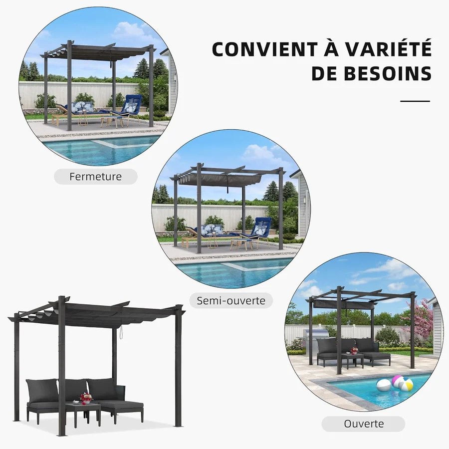 PURPLE LEAF Pergola rétractable extérieure avec abri de pergola en aluminium pour terrasse pare-soleil auvent pour terrasse d'arrière-cour  Avec Guirlandes Lumineuses Transparentes