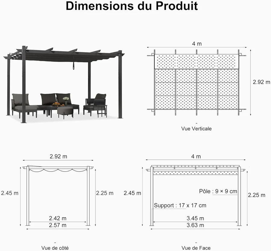 PURPLE LEAF Pergola rétractable extérieure avec abri de pergola en aluminium pour terrasse pare-soleil auvent pour terrasse d'arrière-cour Guirlande Lumineuse Blanc Lait