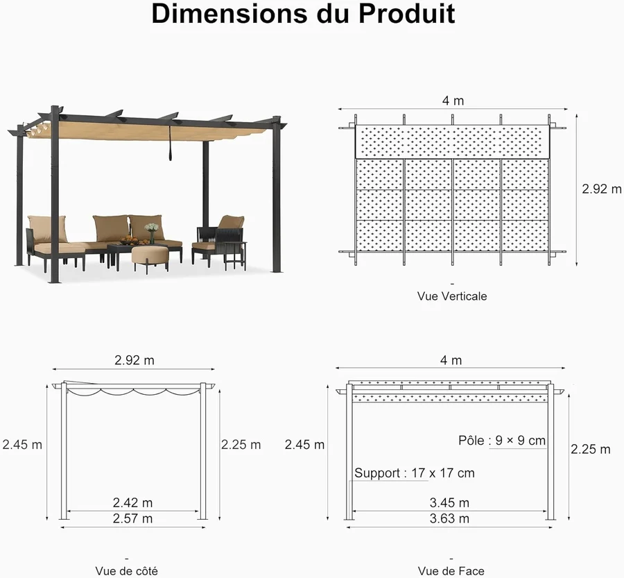 PURPLE LEAF Pergola rétractable extérieure avec abri de pergola en aluminium pour terrasse pare-soleil auvent pour terrasse d'arrière-cour Guirlande Lumineuse Blanc Lait