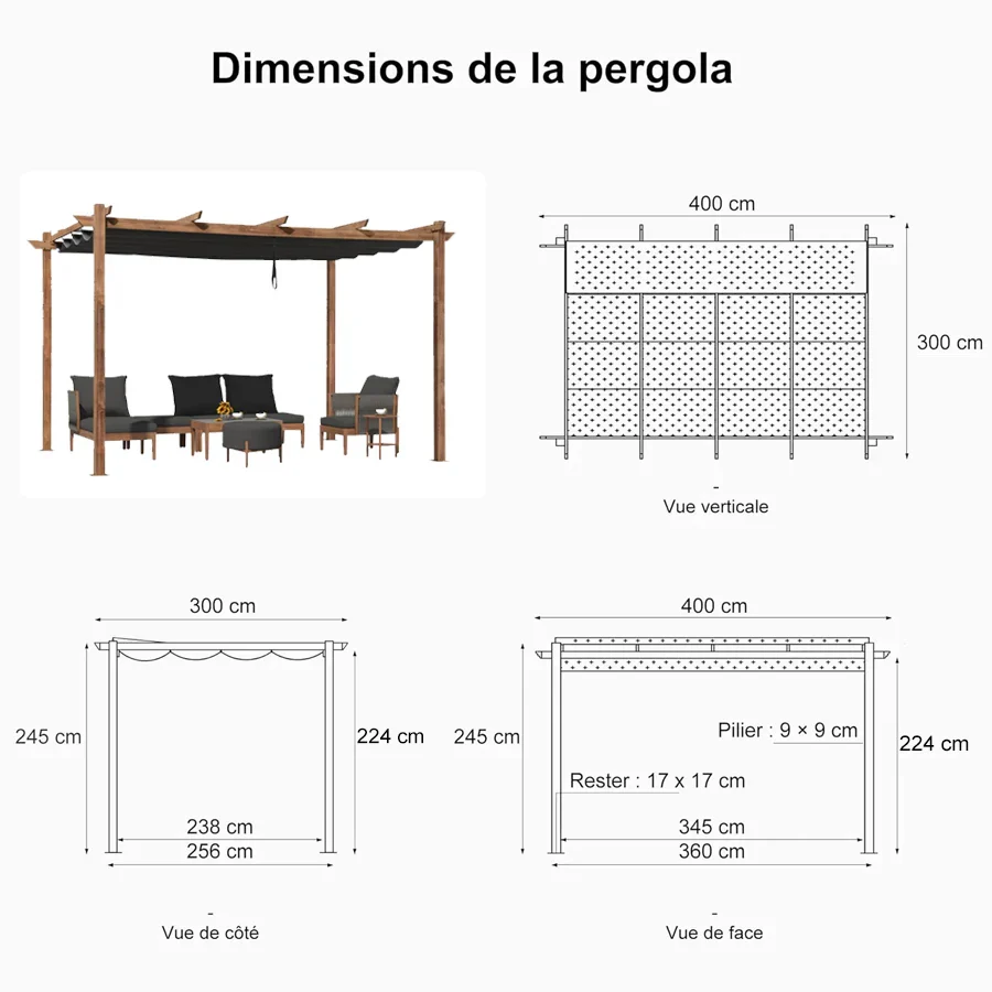 PURPLE LEAF Pergola Rétractable Extérieure Effet Bois en Métal avec Auvent Pare-Soleil pour Jardin Patio Porche Pavillon Avec Guirlandes Lumineuses Transparentes