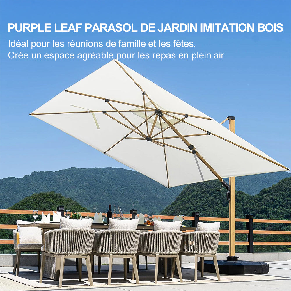 PURPLE LEAF Parasol Déporté Mégagrand à Motif Bois à Manivelle avec Mât Ultra-Renforcé Parasol d'Extérieur de Jardin Carré Rectangle