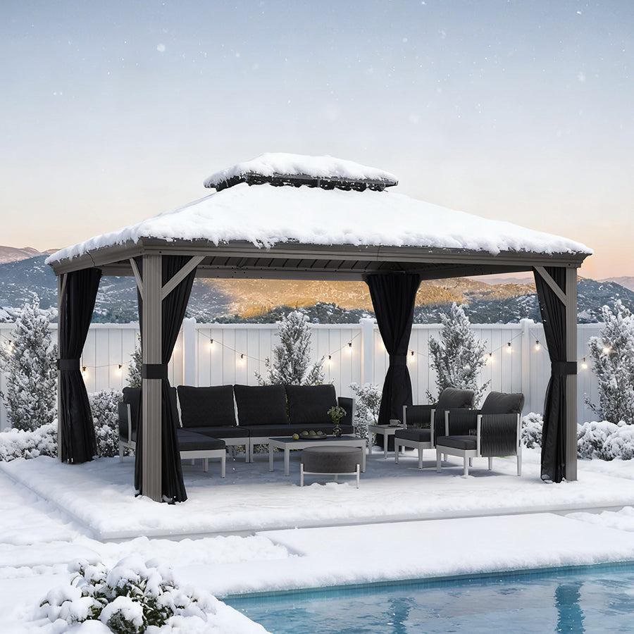 PURPLE LEAF Tonnelle de Jardin Pour Terrasse, Abris de Soleil Avec Toit Rigide en Acier Galvanisé, Equipée de Rideaux, Gris Clair