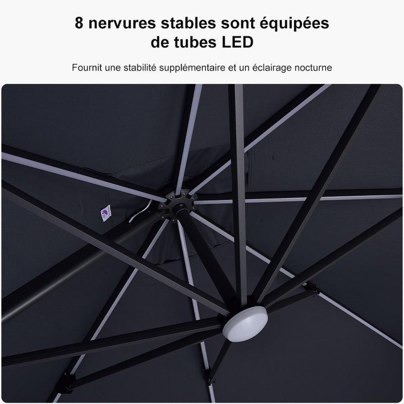 PURPLE LEAF Parasol Déporté avec LED Solaire 3 x 3 m Carré, Parasol De Jardin Extérieur Inclinable Toile Protection UV