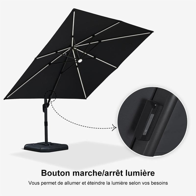 PURPLE LEAF Parasol Déporté avec LED Solaire 3 x 3 m Carré, Parasol De Jardin Extérieur Inclinable Toile Protection UV , avec socle