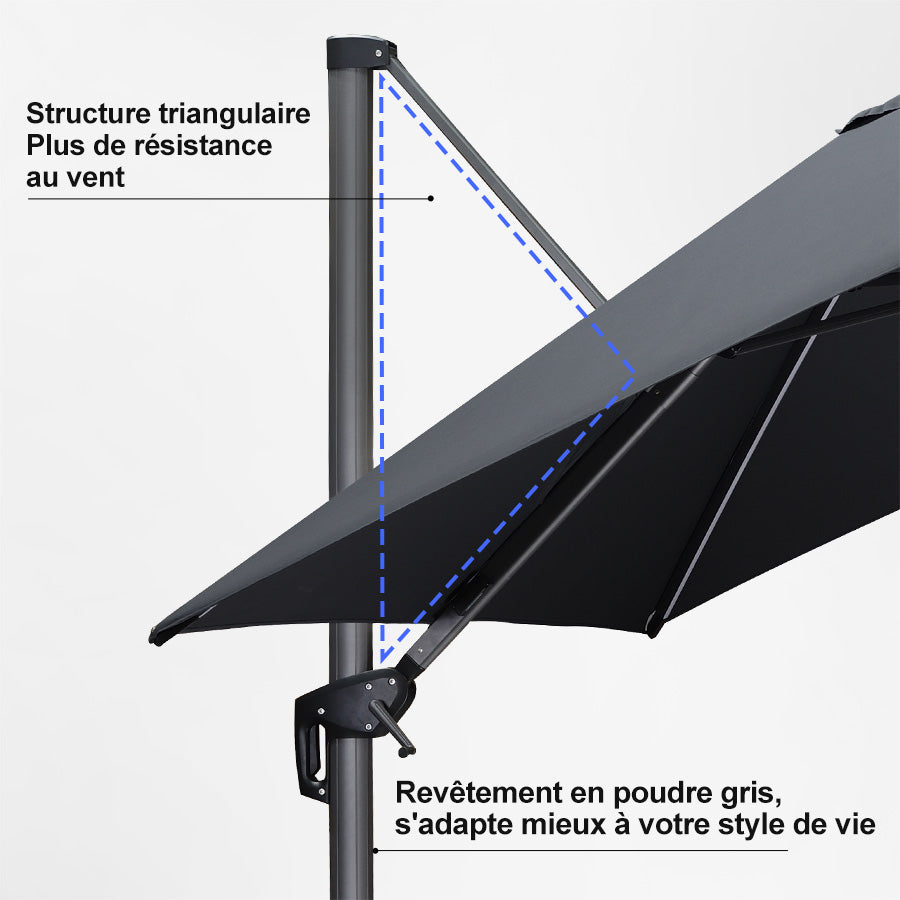 PURPLE LEAF Parasol Déporté avec LED Solaire 3 x 3 m Carré Inclinable avec socle