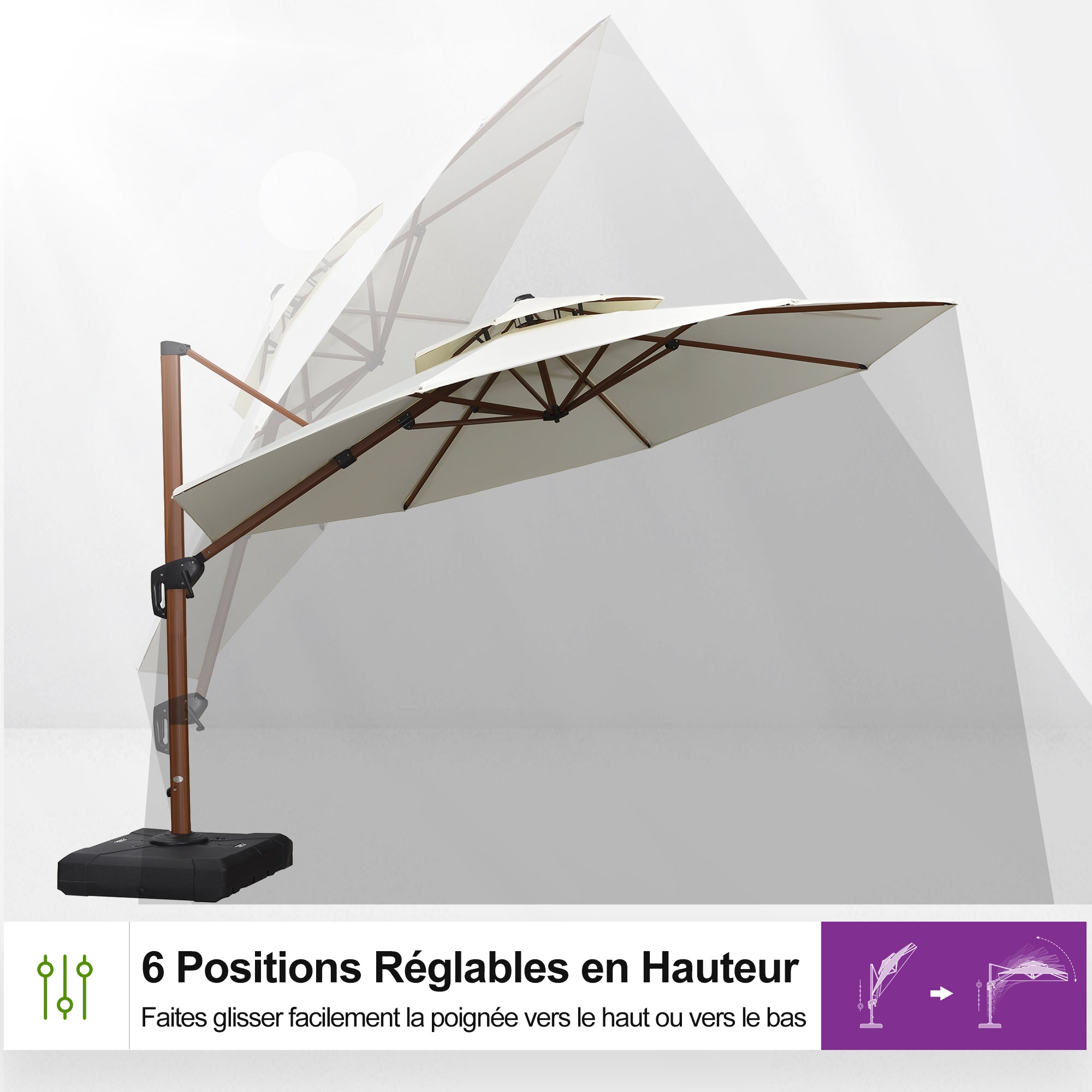 PURPLE LEAF Parasol Déporté Rond Grain de Bois en Aluminium Parasol De Jardin Extérieur Toit à Double Rotatif 360°