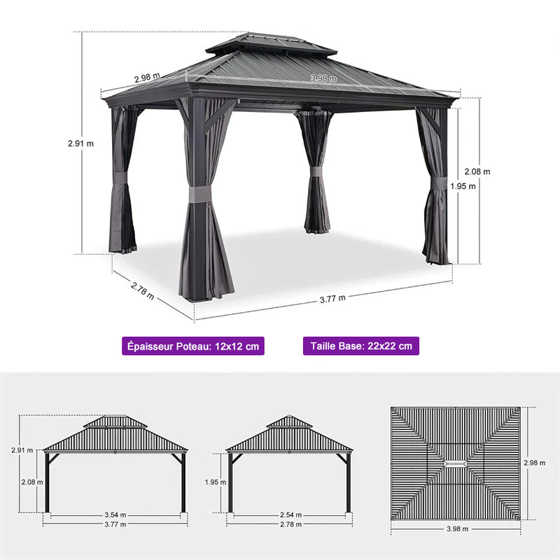 PURPLE LEAF Tonnelle De Jardin Exterieur Tonnelle Aluminum Avec Moustiquaire Et Rideaux Pavillon De Jardin à Double Toit Acier Galvanisé, Gris