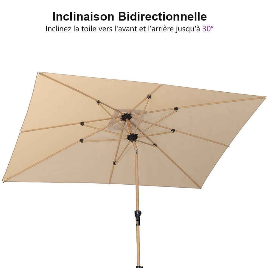 PURPLE LEAF Parasol Droit Inclinable de Marché d'Extérieur en Aluminium avec Effet Bois Pour Table de Jardin Carré Rectangle Rond