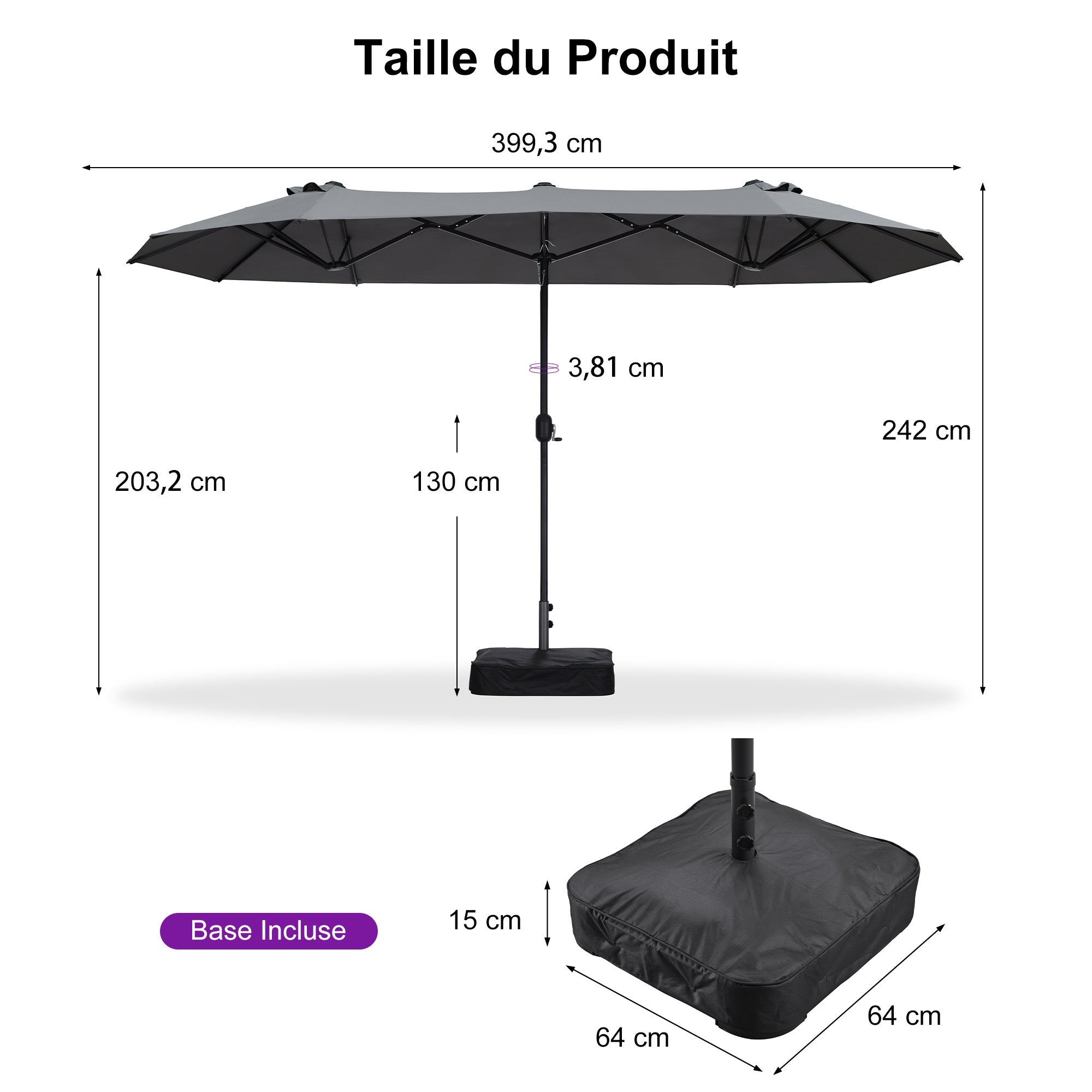 PURPLE LEAF Parasol de Jardin Extérieur, Grand Parasol Double avec Base, pour Terrasse, Jardin, Balcon et Piscine