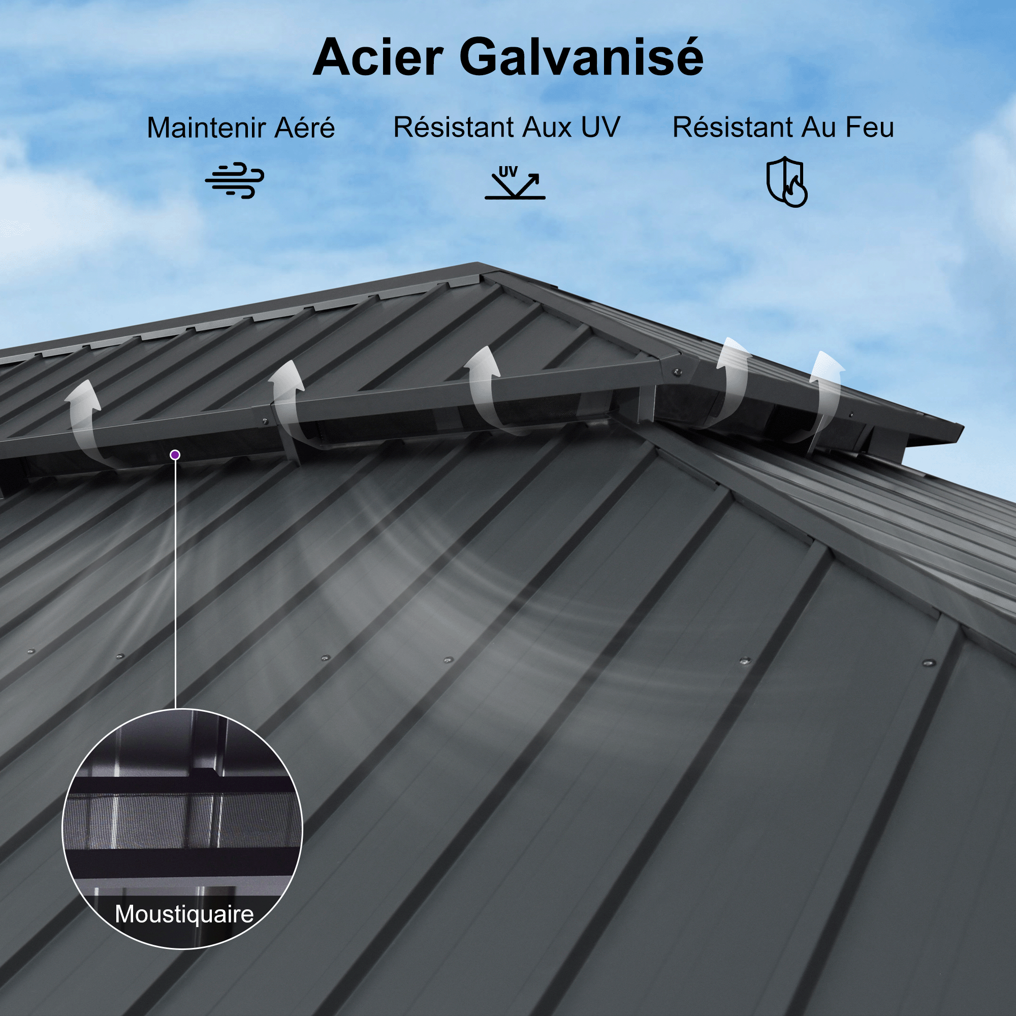 PURPLE LEAF Tonnelle De Jardin Exterieur Tonnelle Aluminum Avec Moustiquaire Et Rideaux Pavillon De Jardin à Double Toit Acier Galvanisé, Gris